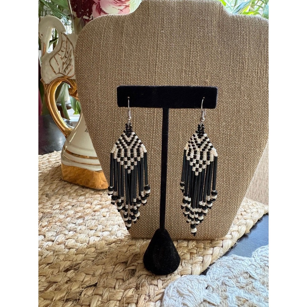 Black White Beaded Fringe Dangle Earrings Geometric Bugle Seed Bead Chandelier